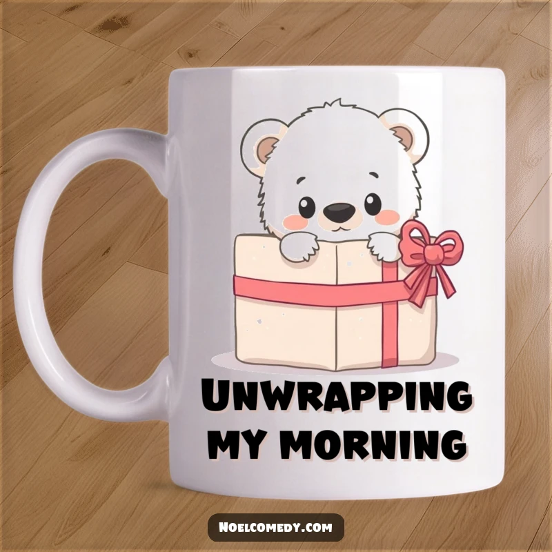 Funny Mug: A cute polar bear cub peeking with curiosity from behind a brightly wrapped gift box, full of wonder.