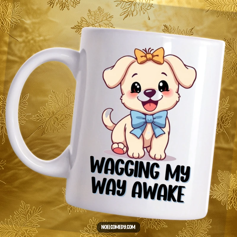 Funny mug shows a joyful puppy with a festive bow bouncing and wagging its tail furiously, full of excitement.