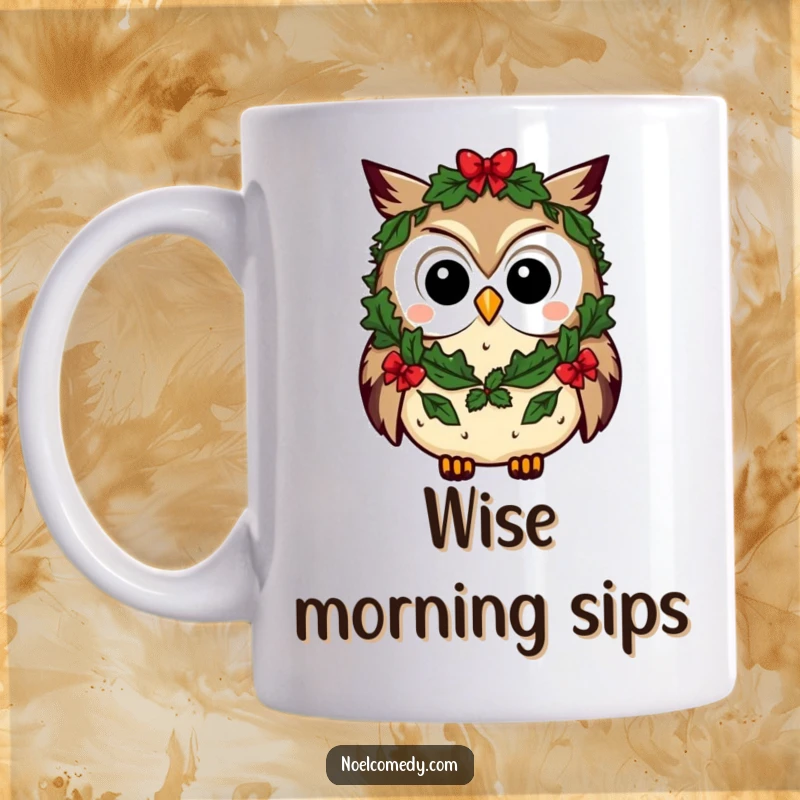 Funny owl mug featuring a curious character beautifully adorned with a festive wreath, exuding holiday charm and intelligence.