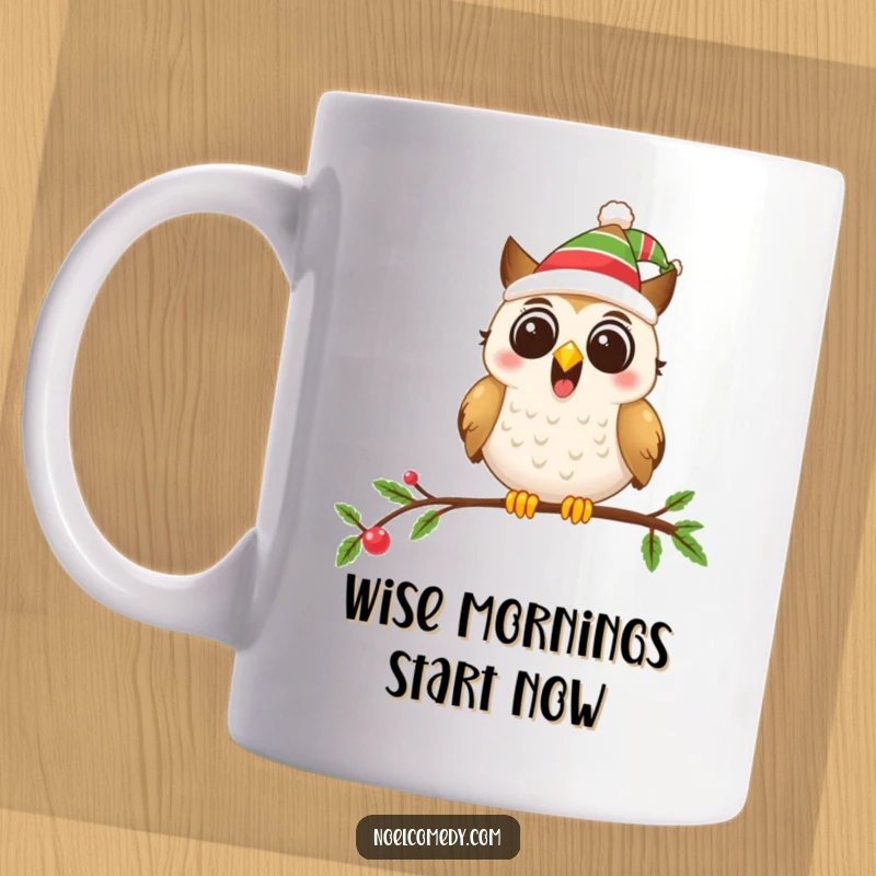 Funny mug shows an excited owl in a party hat on a decorated branch, embodying festive cheer.
