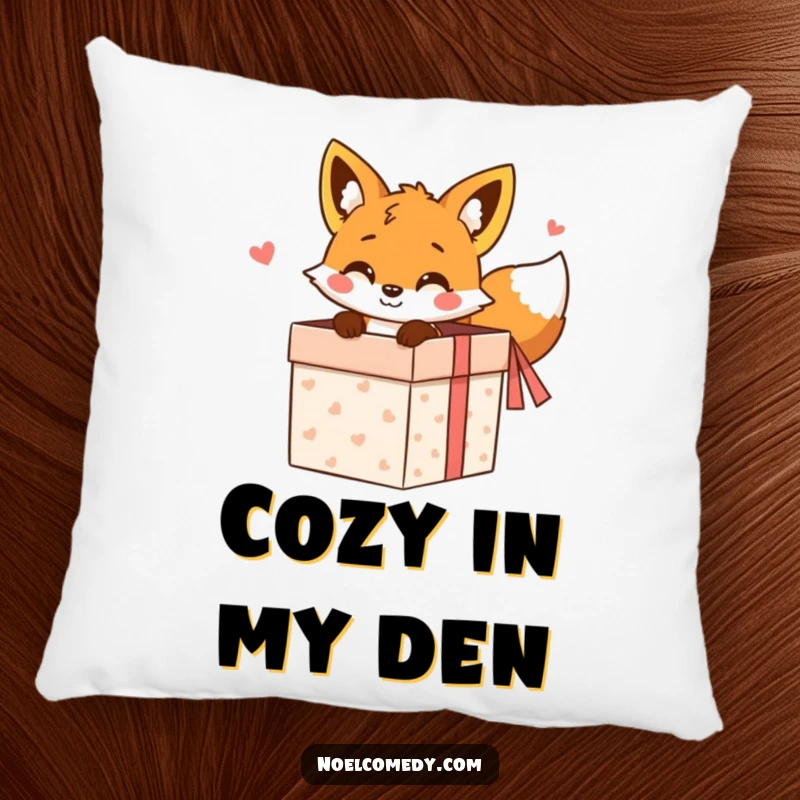 Funny Pillow: A decorative pillow with a cheerful fox peeking from a gift box, bringing cozy whimsy and humor.
