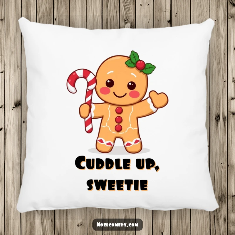 Funny gingerbread man pillow with a cute character waving a candy cane, ideal for adding festive comfort to sofas and beds.