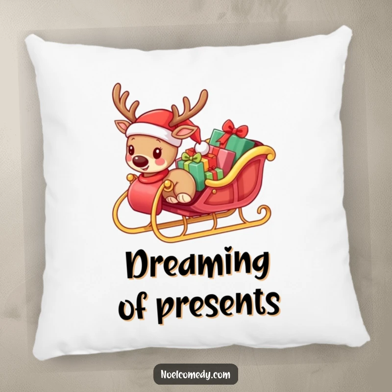 Funny pillow showcasing a small reindeer wearing a Santa hat, pulling a sleigh overloaded with gifts, perfect for cozy holidays.