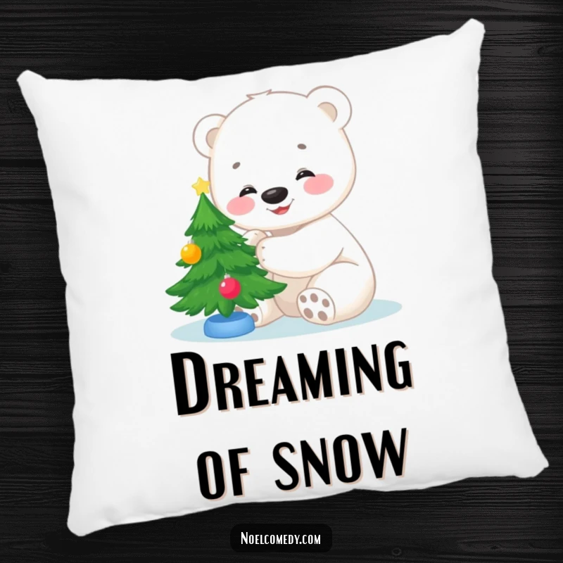 Funny pillow featuring a happy polar bear cub decorating a small Christmas tree, bringing cozy holiday cheer to any room.