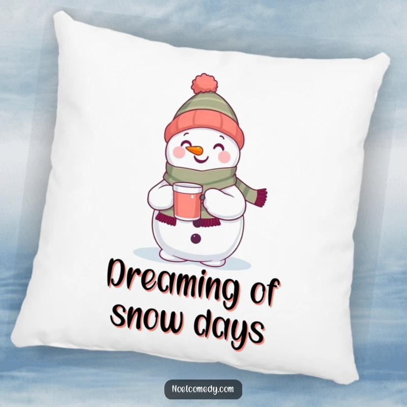 Funny pillow with a happy snowman wearing a scarf and holding a drink. Soft, cozy, and festive.