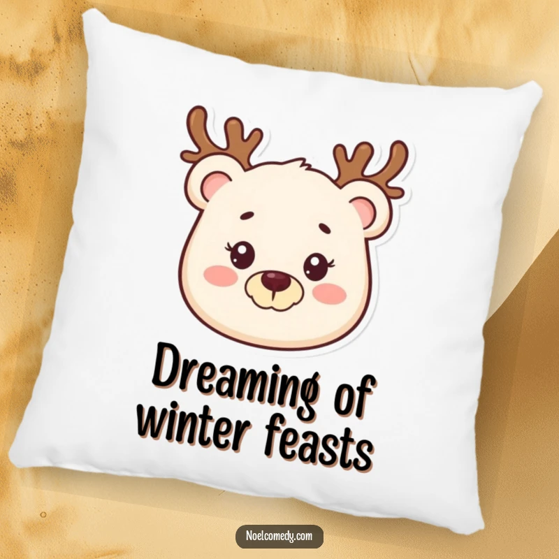 Funny pillow featuring a smiling bear wearing a reindeer antler headband, designed for comfort and adding festive holiday vibes.