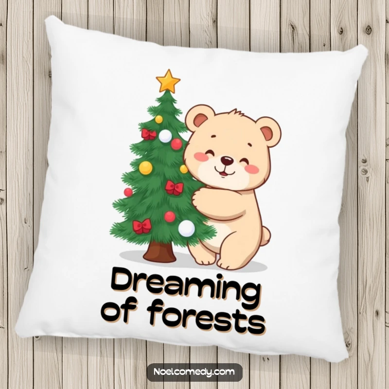 Funny pillow featuring a loving bear cub giving a decorated Christmas tree a warm, festive hug, perfect for cozy decor.