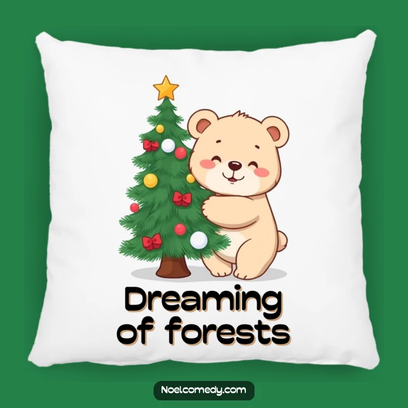 Funny Bear Hugging Tree Pillow: Cozy Cub's Festive Accent for a Snuggly Gift