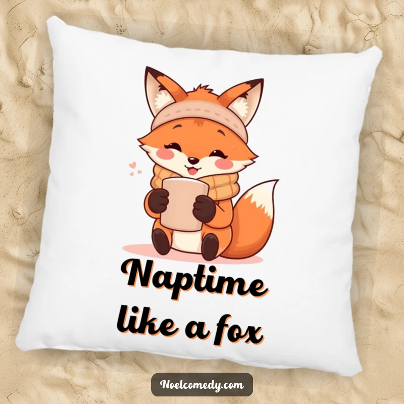 Funny Pillow: A soft cushion featuring a happy fox in a scarf holding a mug, adding cozy humor to any seating.