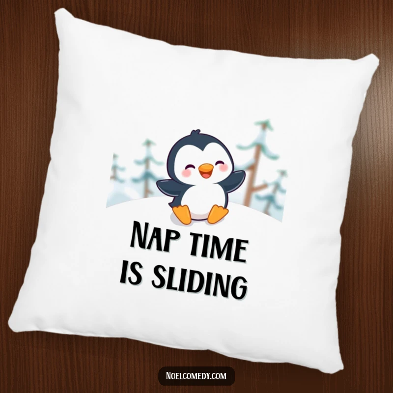 Funny Pillow showcasing a giggling penguin sliding gleefully down a snowy hill, adding festive winter comfort.