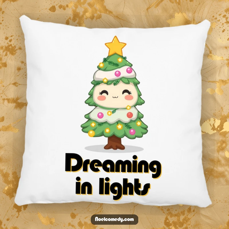 Funny holiday tree pillow featuring a decorated pine with twinkling lights and stars, adding comfort and cheer to any room.