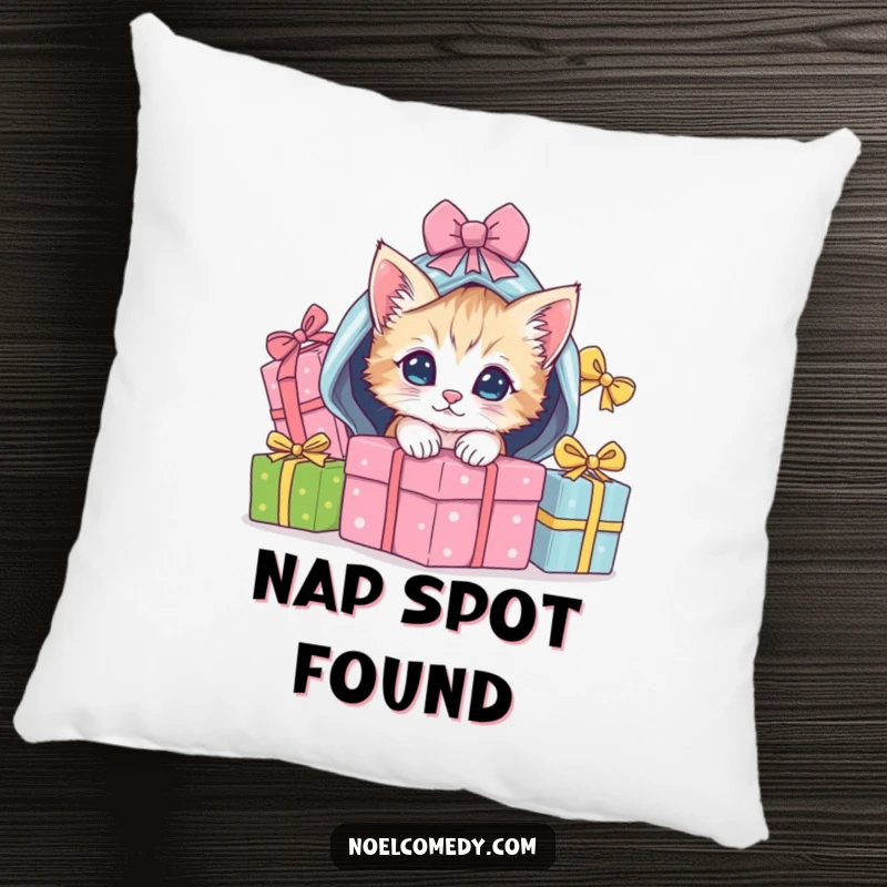 Funny Pillow with a playful kitten peeking out from under wrapped Christmas gifts, adding festive comfort.
