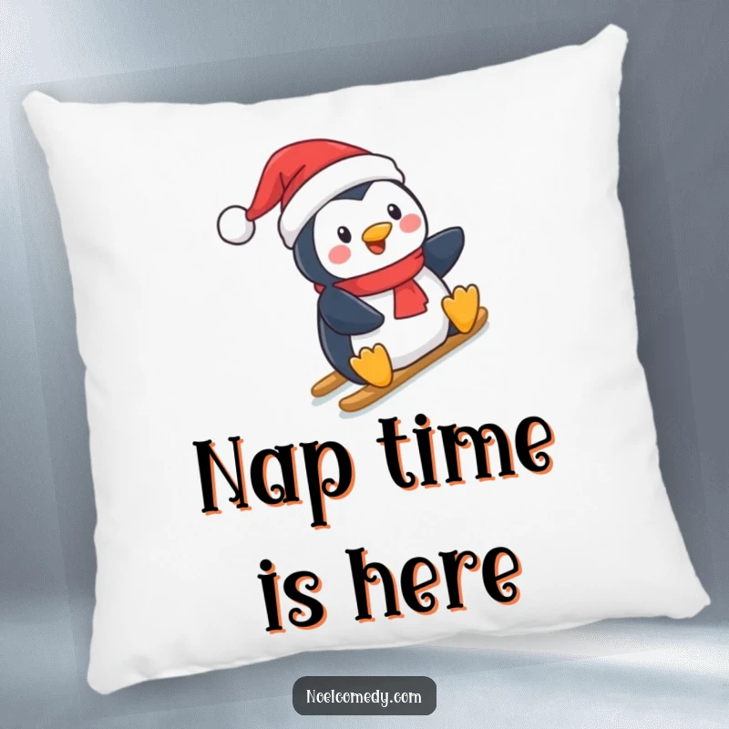 Funny Pillow: A soft cushion depicting a jolly penguin in festive attire, gliding down a snowy slope for holiday cheer.
