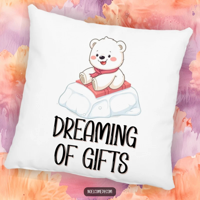 Funny Polar Bear Cub Throw Pillow: A happy cub slides on a gift, bringing cozy arctic vibes, a soft and funny gift.