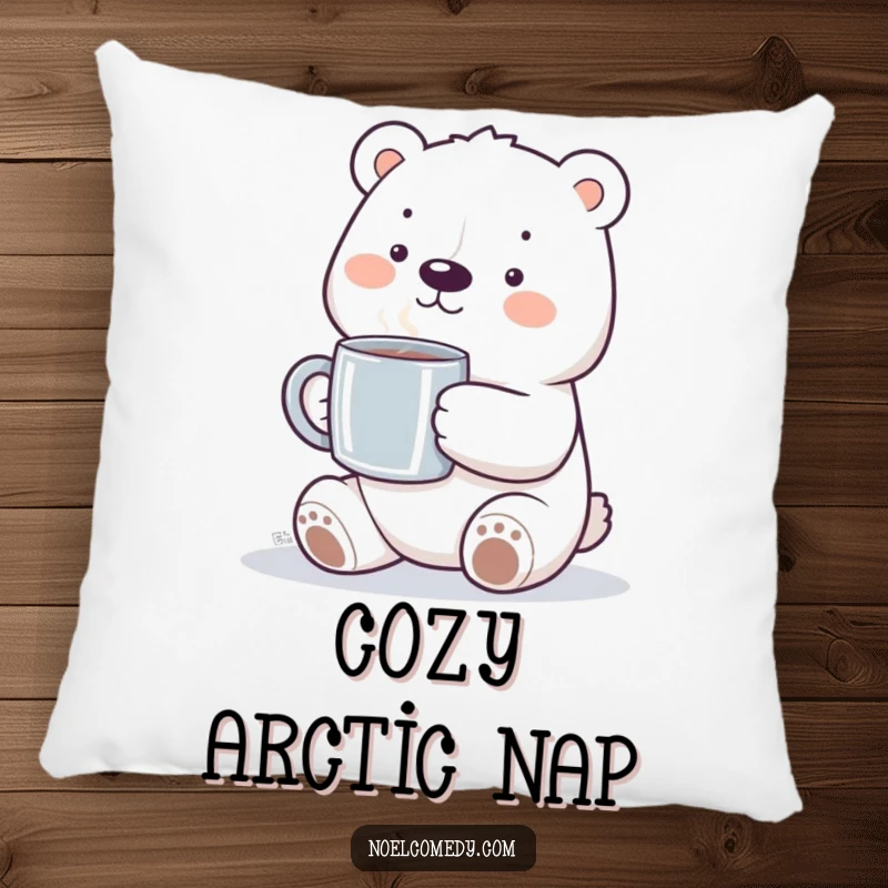 Funny polar bear pillow with a smiling bear holding a steaming mug, providing comfort and a cheerful focal point.