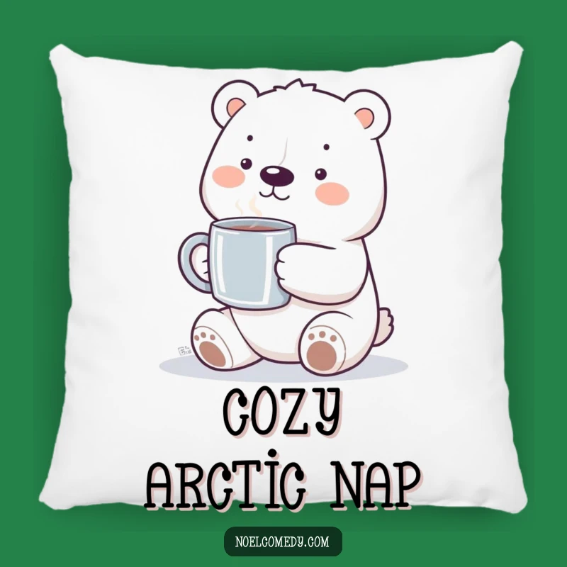 Funny Polar Bear Pillow: Smiling Bear with Steaming Mug, Cozy Accent Pillow