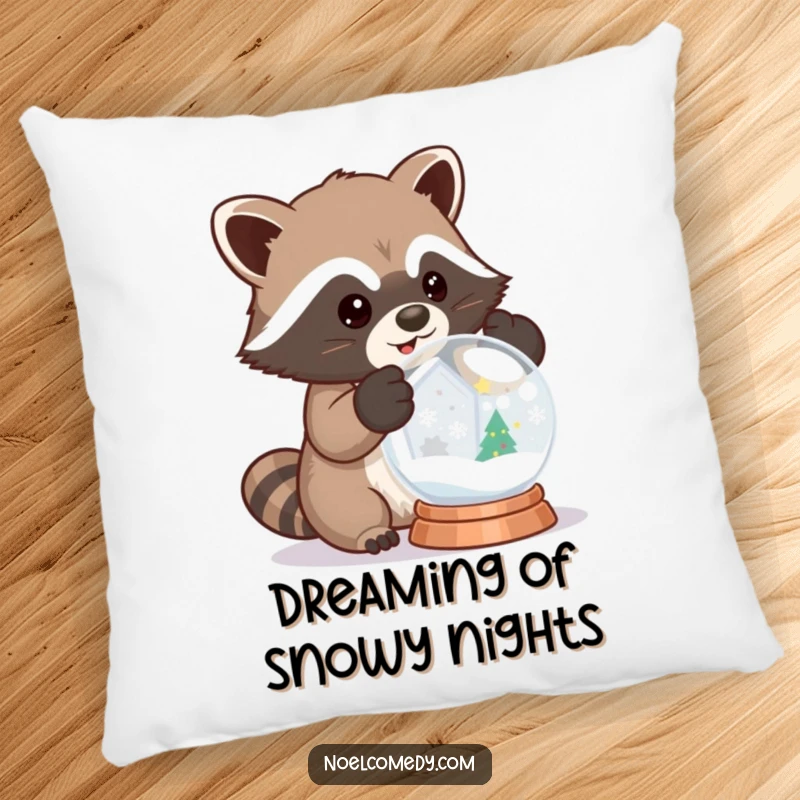 Funny pillow featuring a raccoon wearing mittens and shaking a snow globe, perfect for winter coziness.