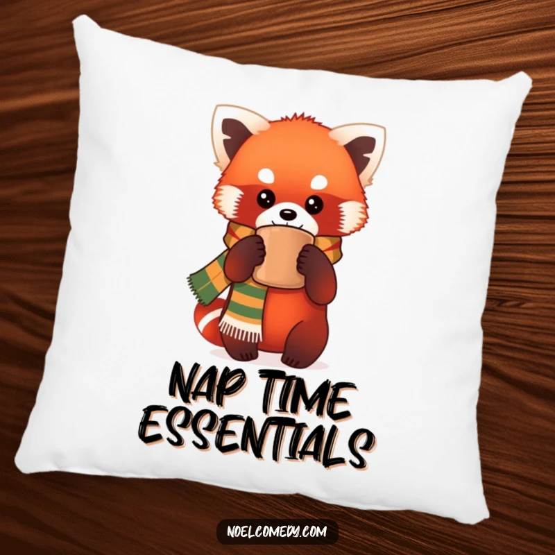 Funny Pillow: A plush red panda adorned with a festive scarf holds a warm mug, offering a humorous and cozy decorative accent.