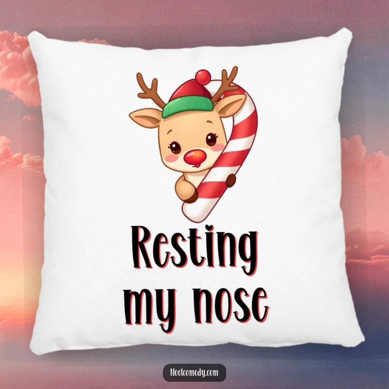 Funny cute reindeer with a glowing red nose, peeking from around a giant candy cane, designed for comfort on a holiday pillow.