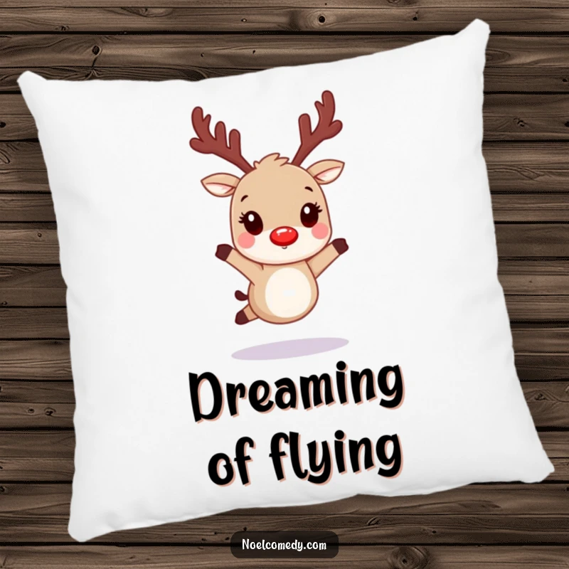 Funny pillow with a hopping reindeer character and glowing red nostrils, perfect for festive home comfort.