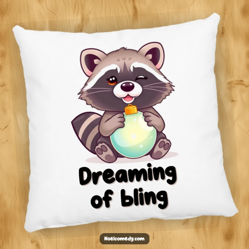 Funny pillow depicting a winking raccoon holding a shiny Christmas ornament, adding cozy holiday cheer.