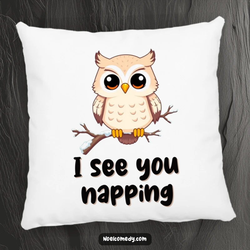 Funny pillow with a happy, wide-eyed owl perched on a snowy branch. Soft, cozy, and enchanting.