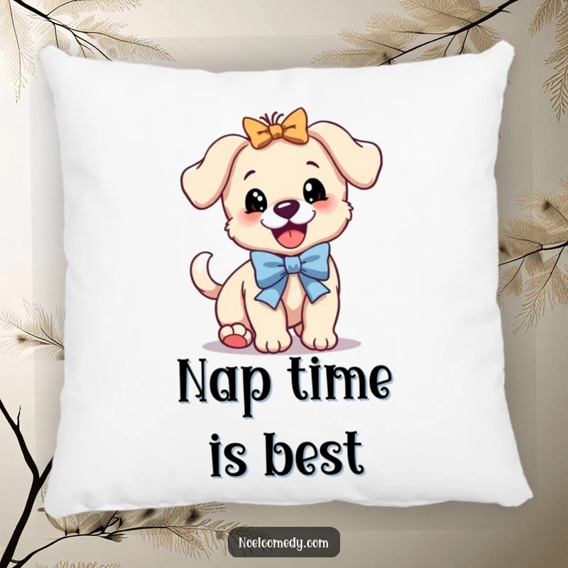 Funny pillow featuring a bouncing puppy with a festive bow, wagging its tail furiously, perfect for cozy vibes.