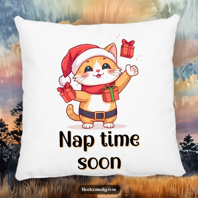 Funny cheerful Santa cat juggling tiny wrapped gift boxes, designed for comfort on a festive holiday pillow.