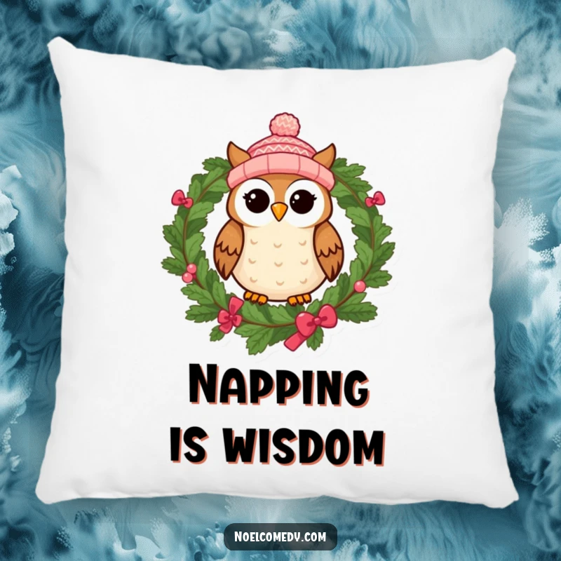 Funny pillow with a cheerful owl in a knitted cap, sitting on a festive wreath, perfect for cozying up.