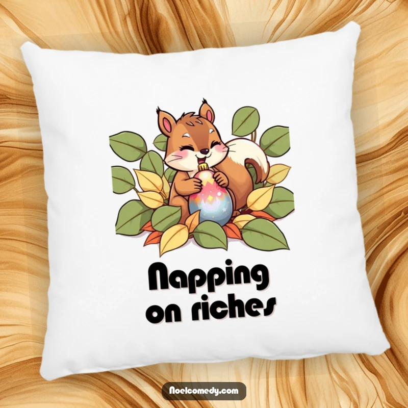 Funny Pillow showcasing a giggling squirrel hiding a shiny ornament in a pile of leaves, for festive comfort.