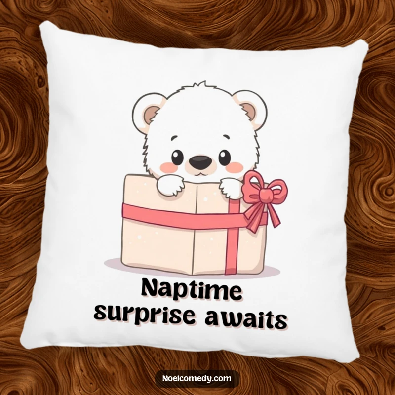 Funny Pillow: A soft cushion featuring a curious polar bear cub peeking from behind a gift, adding a touch of cozy humor.