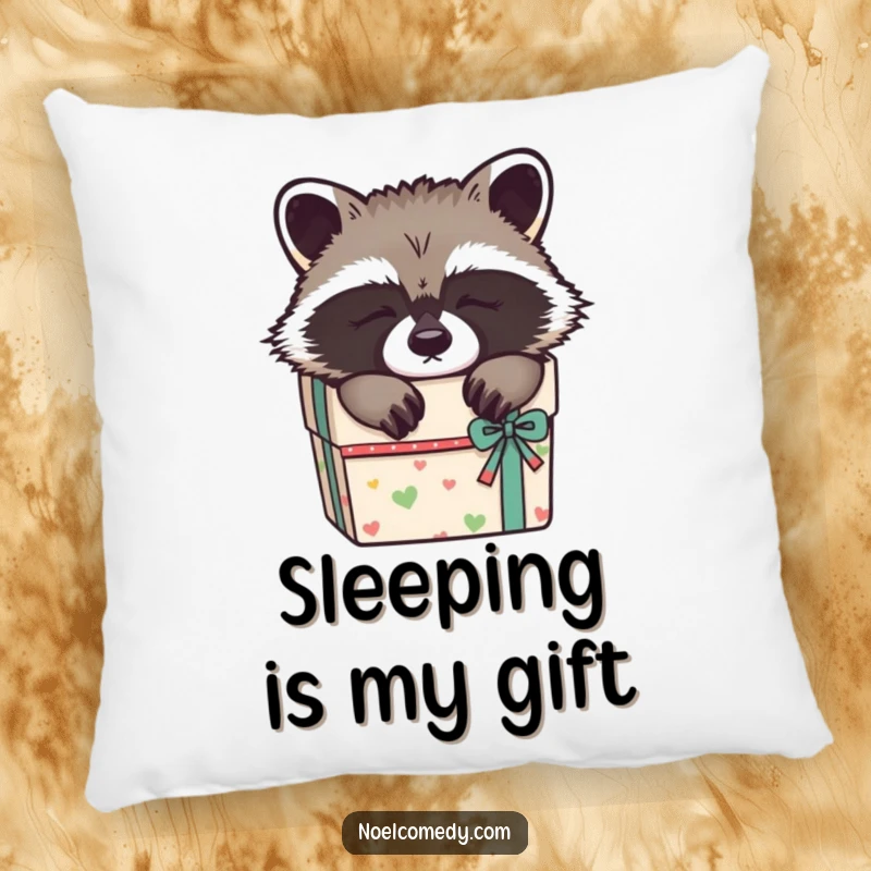 Funny Sleepy Raccoon Pillow: A plush pillow featuring a raccoon napping in a gift box, offering comfort and adorable humor.
