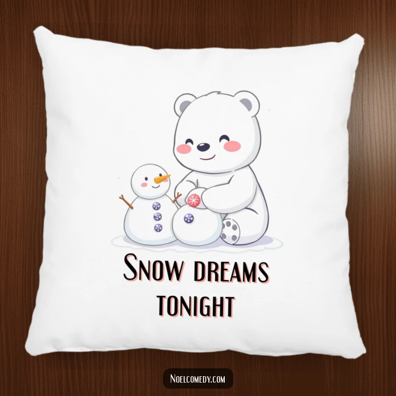 Funny pillow showcasing a happy polar bear building a small snowman with sparkly buttons, perfect for cozy winter decor.