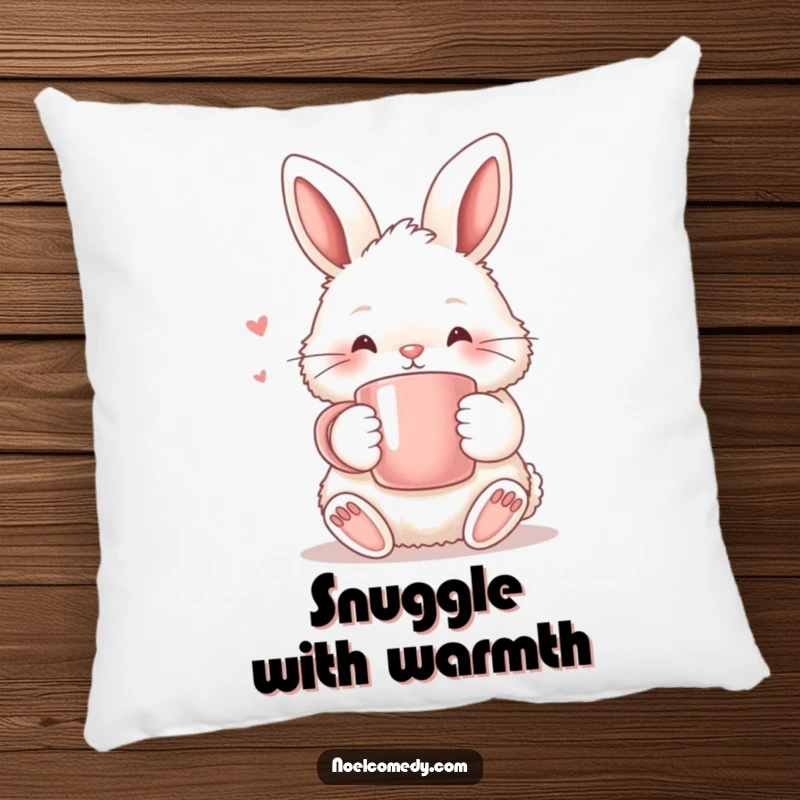 Funny Pillow: A fluffy bunny holding a warm mug, offering plush comfort and a touch of cozy, adorable humor.