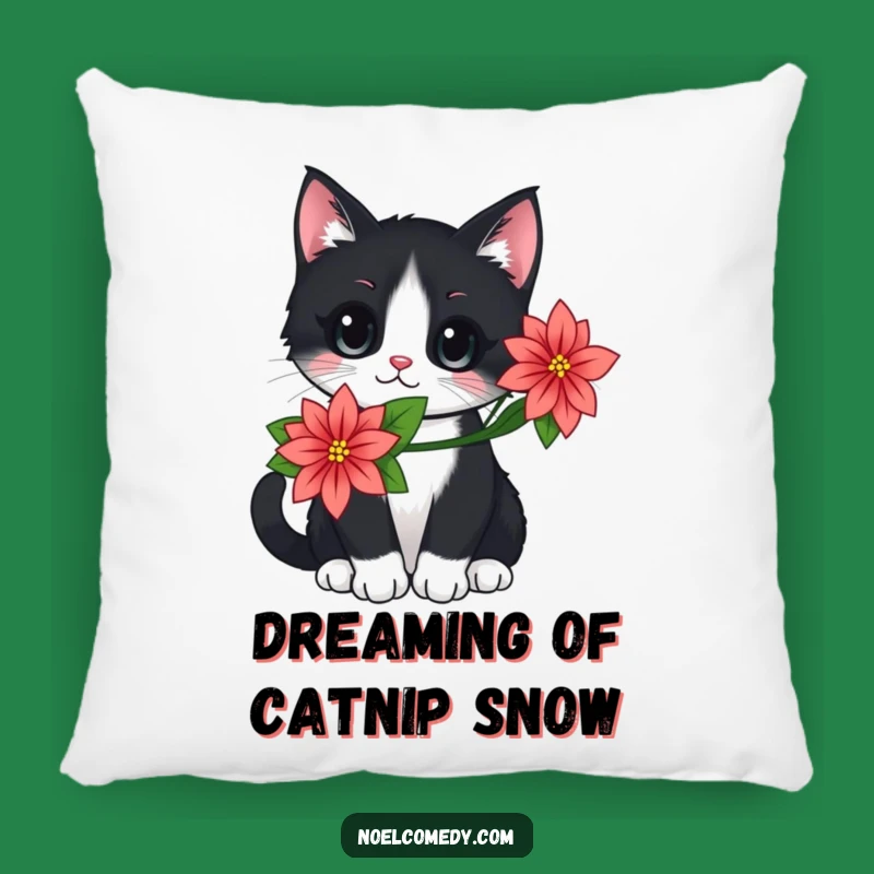 Soft Cat Poinsettia Pillow, Festive Comfort Gift, Holiday Cat Lover