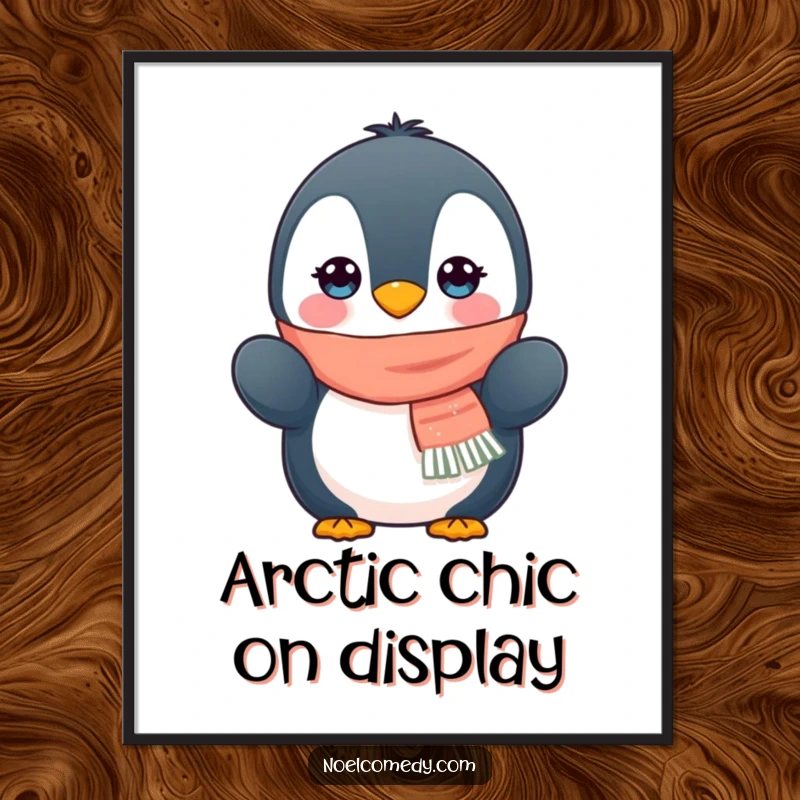 Funny digital art print of a cuddly penguin in a scarf and mittens, radiating winter cheer and cuteness.