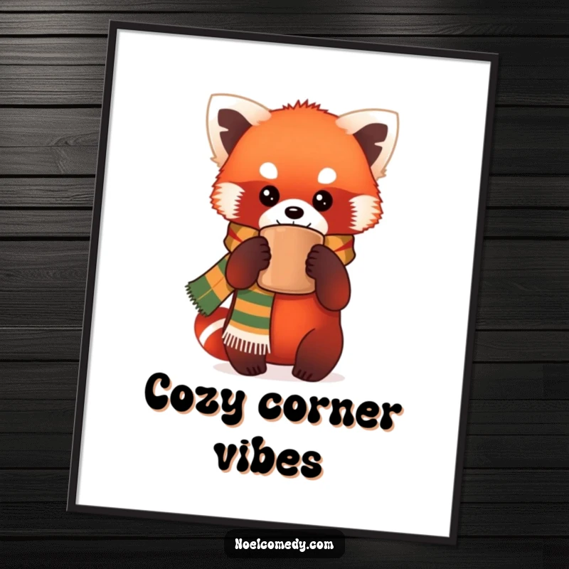 Funny Digital Art Print: A whimsical red panda wearing a festive scarf holds a warm mug, ready to add humor to any digital display.