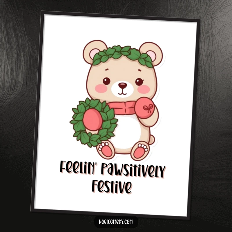Funny digital art print of a cheerful bear in mittens holding a festive wreath. Perfect holiday decor.