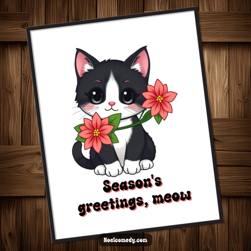 Funny digital art print of a black and white cat wearing a poinsettia flower, perfect for instant holiday decoration.