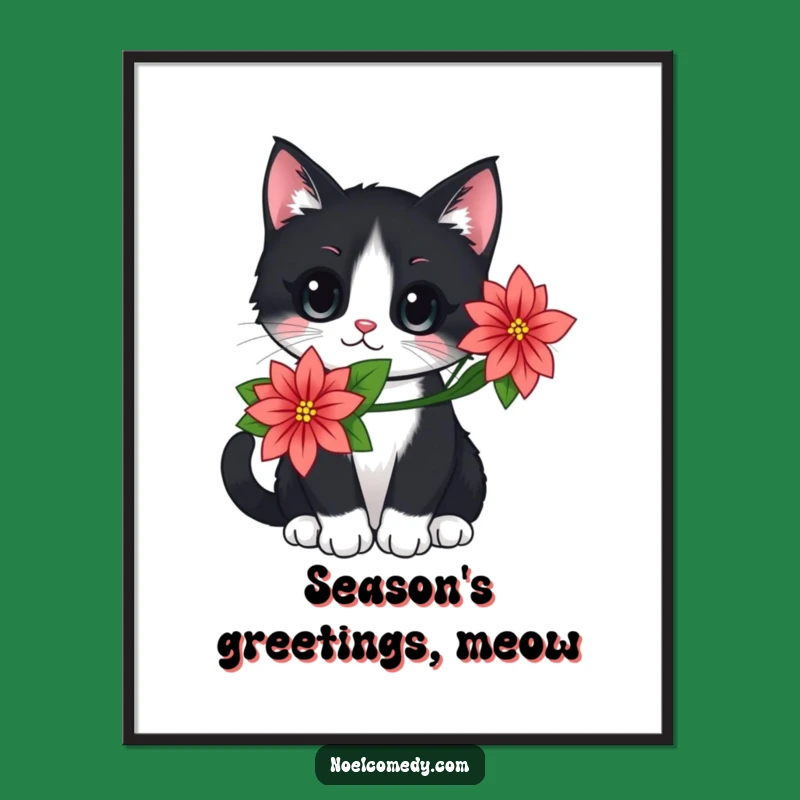 Festive Cat Poinsettia Digital Art, Holiday Decor Gift, Instant Charm