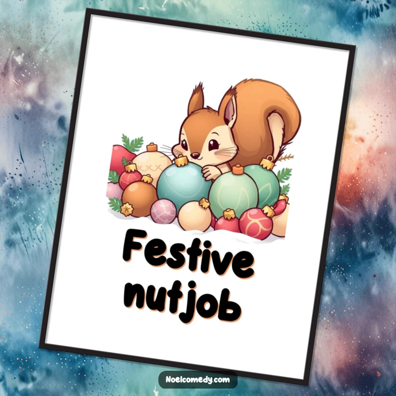 Funny digital art of a curious squirrel peeking from behind a pile of festive Christmas ornaments, offering instant holiday wall decor.