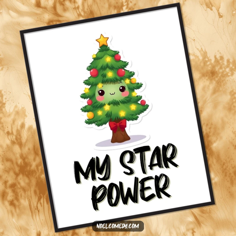 Festive Pine Tree Digital Art Print: A smiling pine tree character adorned with twinkling lights and stars, ideal for festive wall decor.