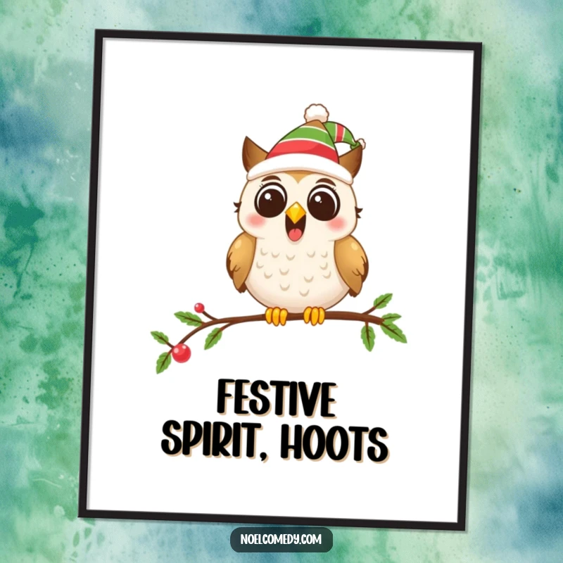 Funny digital art of an excited owl in a festive hat on a decorated branch, perfect for holiday decor.