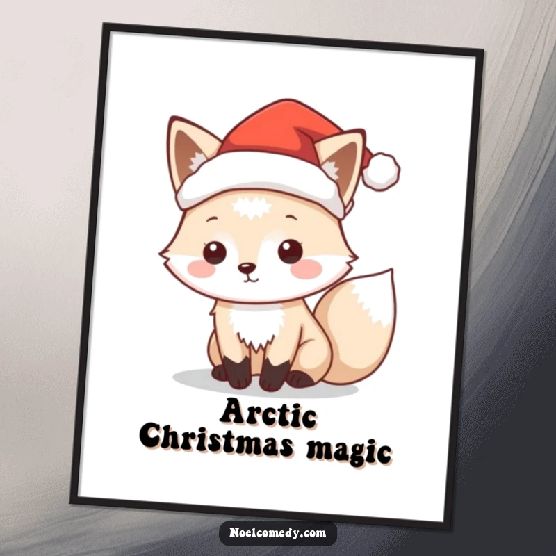 Funny digital art print of a playful arctic fox character wearing a tiny Santa hat, embodying holiday fun.