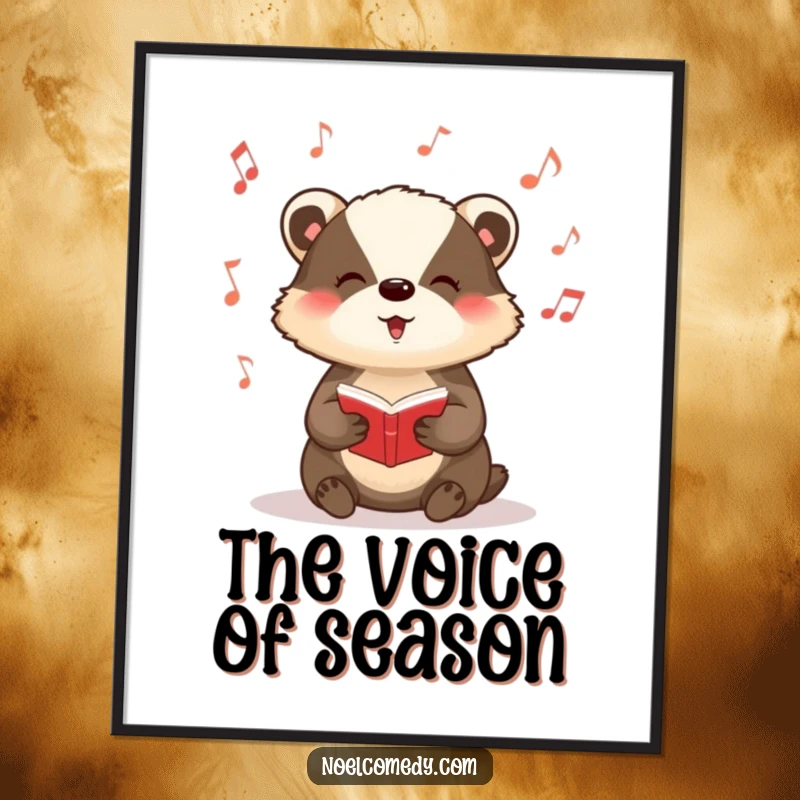 Funny digital art print of a badger singing carols with musical notes, great for holiday decor.