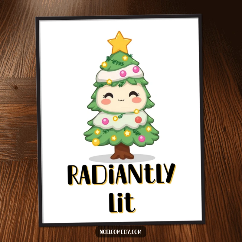 Funny Christmas tree digital art print with twinkling lights and stars, capturing the festive spirit for instant home decor.