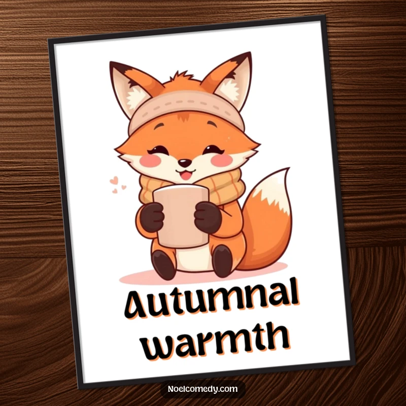 Funny Digital Art Print: A happy fox wearing a scarf, holding a steaming mug, embodying the cozy essence of autumn comfort.