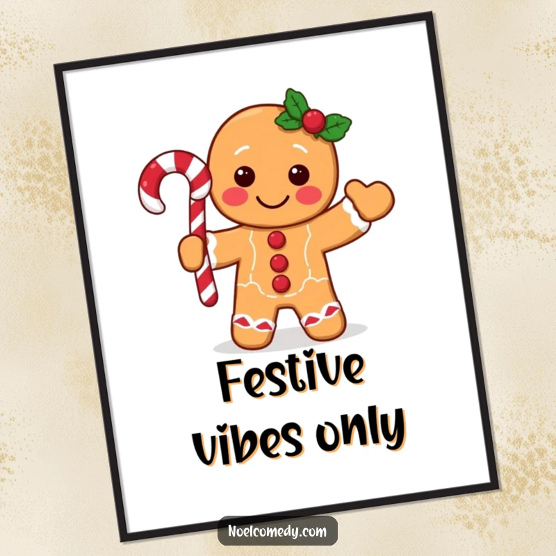Funny gingerbread man digital art print of a happy character waving a candy cane, perfect for instant festive wall art.