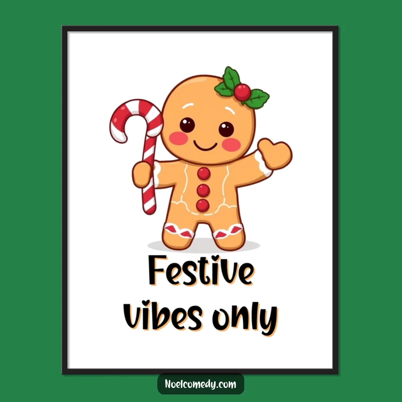 Funny Gingerbread Man Digital Art: Festive Character Waving Candy Cane, Instant Holiday Wall Decor