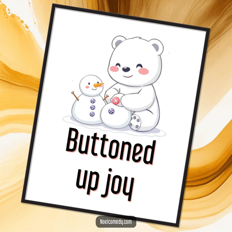 Funny digital art print of a happy polar bear building a small snowman with sparkly buttons, ready to print.